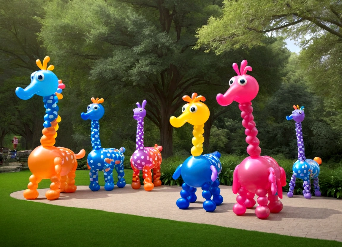 a zoo full of balloon animals, pretzel people wandering the trails, colorful and whimsical balloon animals, cute and playful balloon creatures, vibrant and imaginative balloon zoo, surreal and fantastical balloon animal exhibit, highly detailed and textured balloon animals, dynamic and lively balloon animal enclosures, (best quality,4k,8k,highres,masterpiece:1.2),ultra-detailed,(realistic,photorealistic,photo-realistic:1.37),3D render,hyperrealistic,vivid colors,soft lighting,magical,dreamlike,quirky,playful,imaginative