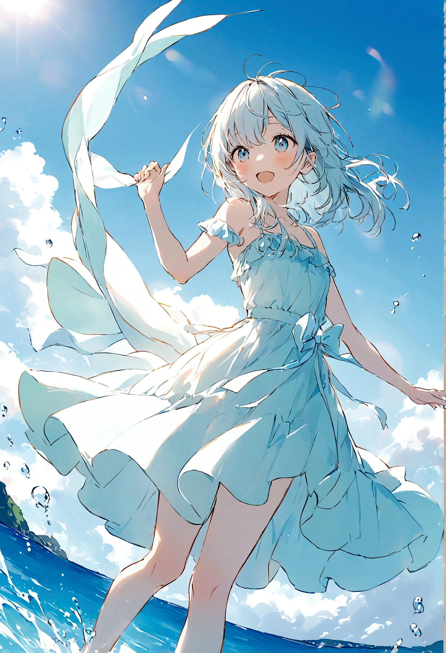 One cute girl in pastel colors, illustration, clear summer sunlight, blue sea, white sandy beach, azure sky, dancing with the wind, top quality