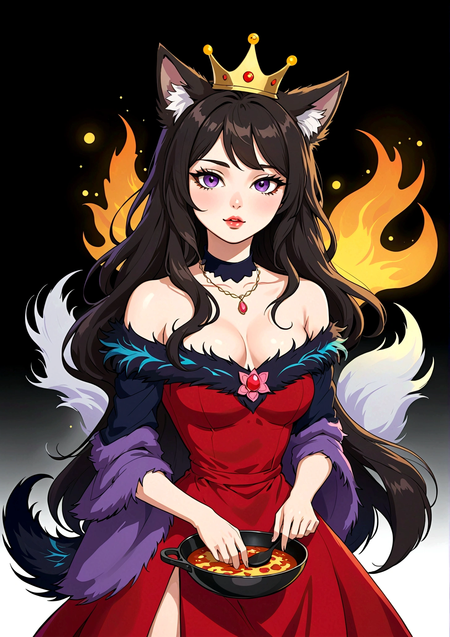 Red Wolf Personification,Anime girl holding a frying pan,Purple Eyeshadow,Black long hair,Cat ears,Small Crown,Red off-shoulder dress,Fur collar shawl,wave,Slender neck
