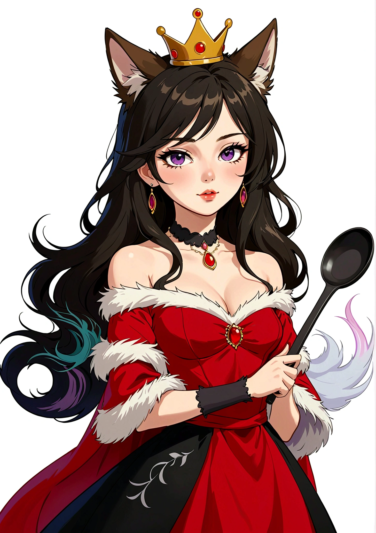 Red Wolf Personification，Anime girl holding a frying pan，Purple Eyeshadow，Black long hair，Cat ears，Small Crown，Red off-shoulder dress，Fur collar shawl，wave，Slender neck