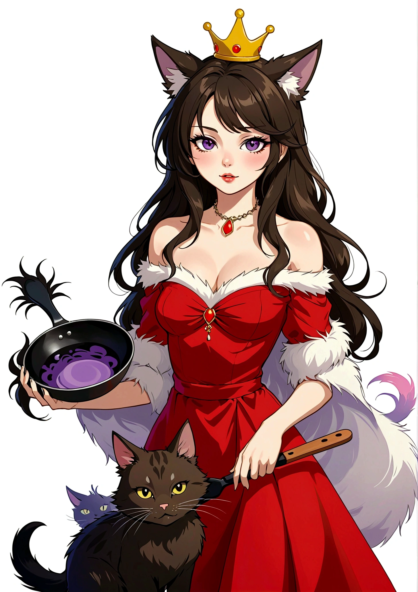 Red Wolf Personification,Anime girl holding a frying pan,Purple Eyeshadow,Black long hair,Cat ears,Small Crown,Red off-shoulder dress,Fur collar shawl,wave,Slender neck