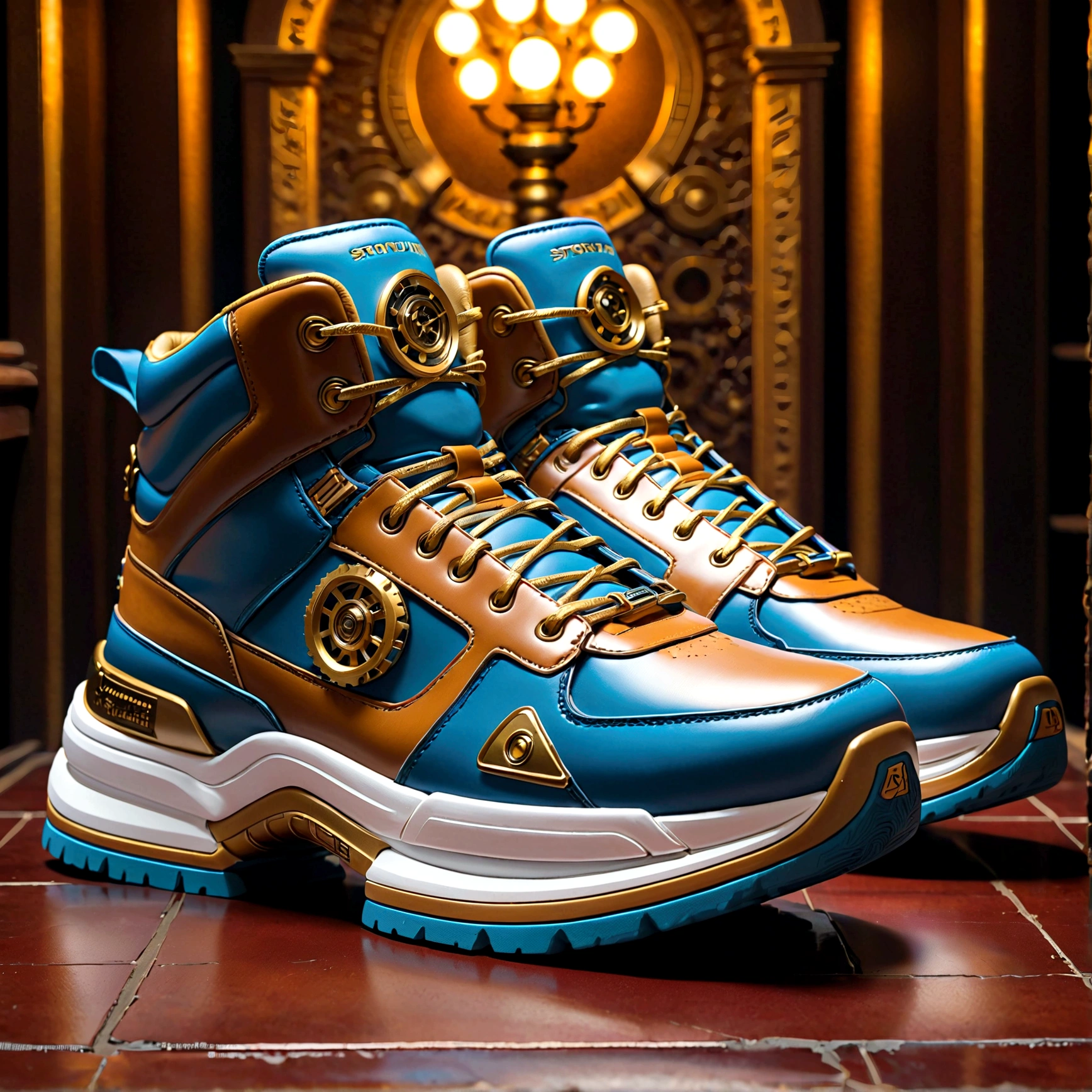 Product photography of Stonepunk mechanical sneakers,masterpiece,8K,Extremely detailed,best quality,