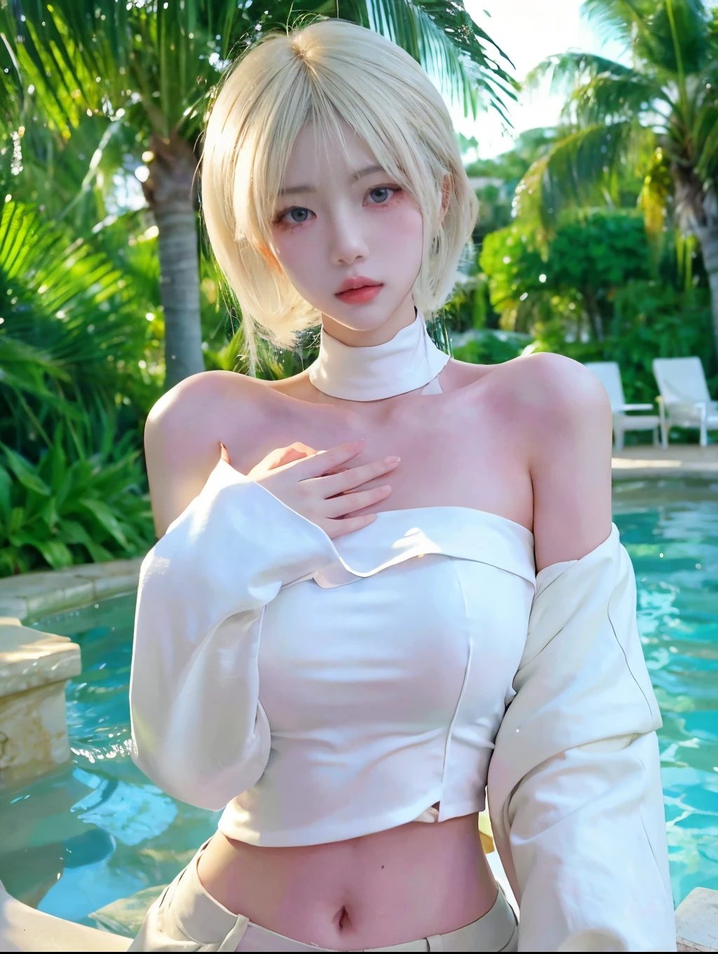 Beautiful woman with perfect figure：1.4，Layered hairstyle，White skin，Prominent cleavage，Bikini：1.5，Super short pleated skirt，whole body，Very delicate facial and skin texture，Double eyelids，Skin Whitening，Long white hair