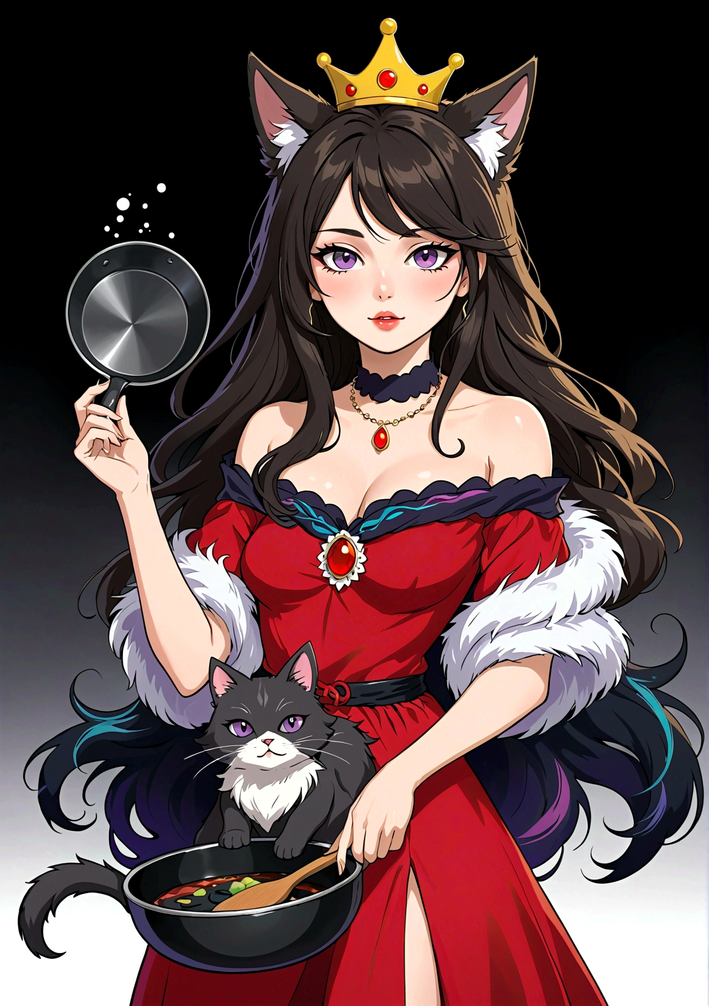 Red Wolf Personification，Anime girl holding a frying pan，Purple Eyeshadow，Black long hair，Cat ears，Small Crown，Red off-shoulder dress，Fur collar shawl，wave，Slender neck