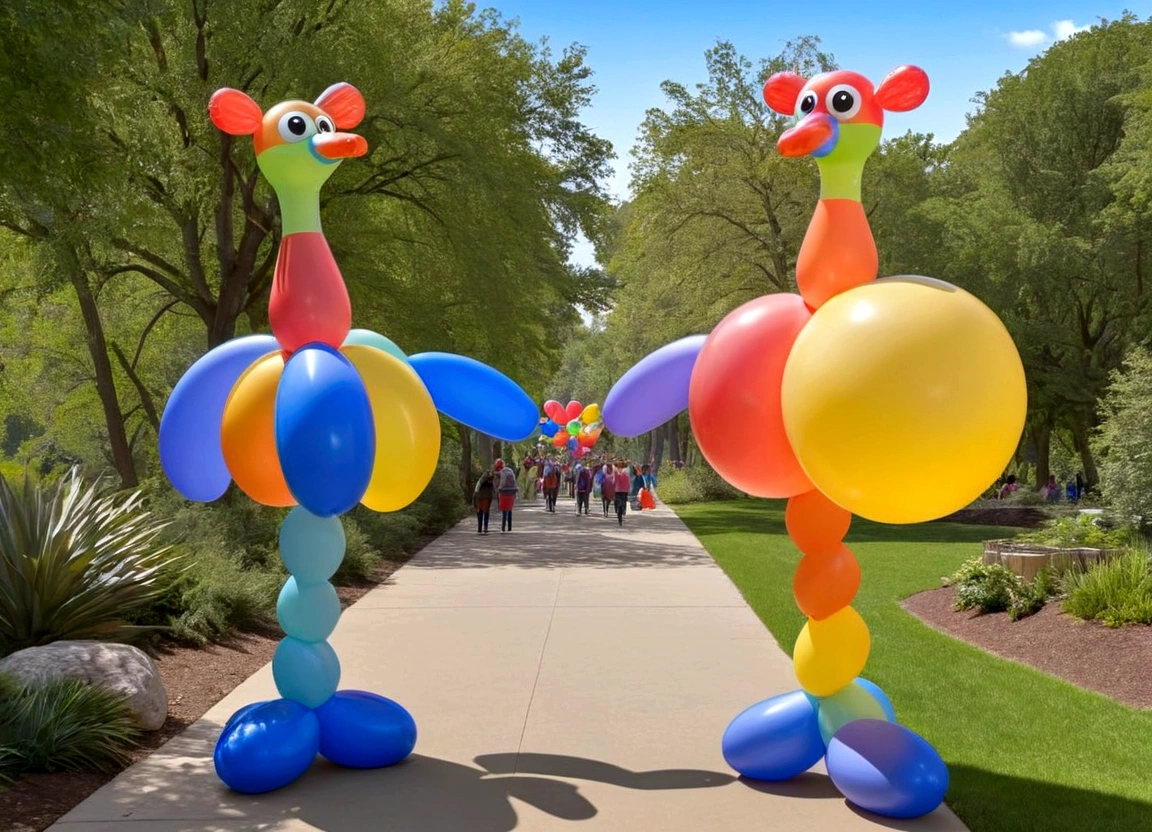 a zoo full of balloon animals, pretzel people wandering the trails, colorful and whimsical balloon animals, cute and playful balloon creatures, vibrant and imaginative balloon zoo, surreal and fantastical balloon animal exhibit, highly detailed and textured balloon animals, dynamic and lively balloon animal enclosures, (best quality,4k,8k,highres,masterpiece:1.2),ultra-detailed,(realistic,photorealistic,photo-realistic:1.37),3D render,hyperrealistic,vivid colors,soft lighting,magical,dreamlike,quirky,playful,imaginative