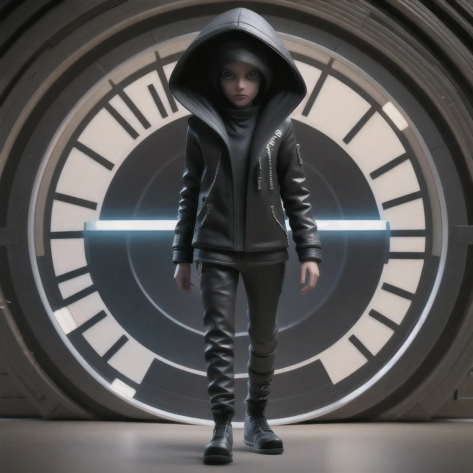 a close up of a person in a hoodedie standing in front of a clock, techwear occultist, dystopian sci-fi character, epic scifi character art, dark cyberpunk illustration, dark high-contrast concept art, dark futuristic, symmetric concept art, dark hooded wraith, epic sci - fi character art, epic sci-fi character art