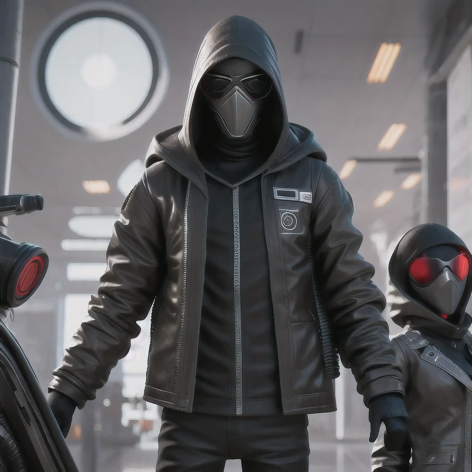 a close up of a person in a hoodedie standing in front of a clock, techwear occultist, dystopian sci-fi character, epic scifi character art, dark cyberpunk illustration, dark high-contrast concept art, dark futuristic, symmetric concept art, dark hooded wraith, epic sci - fi character art, epic sci-fi character art