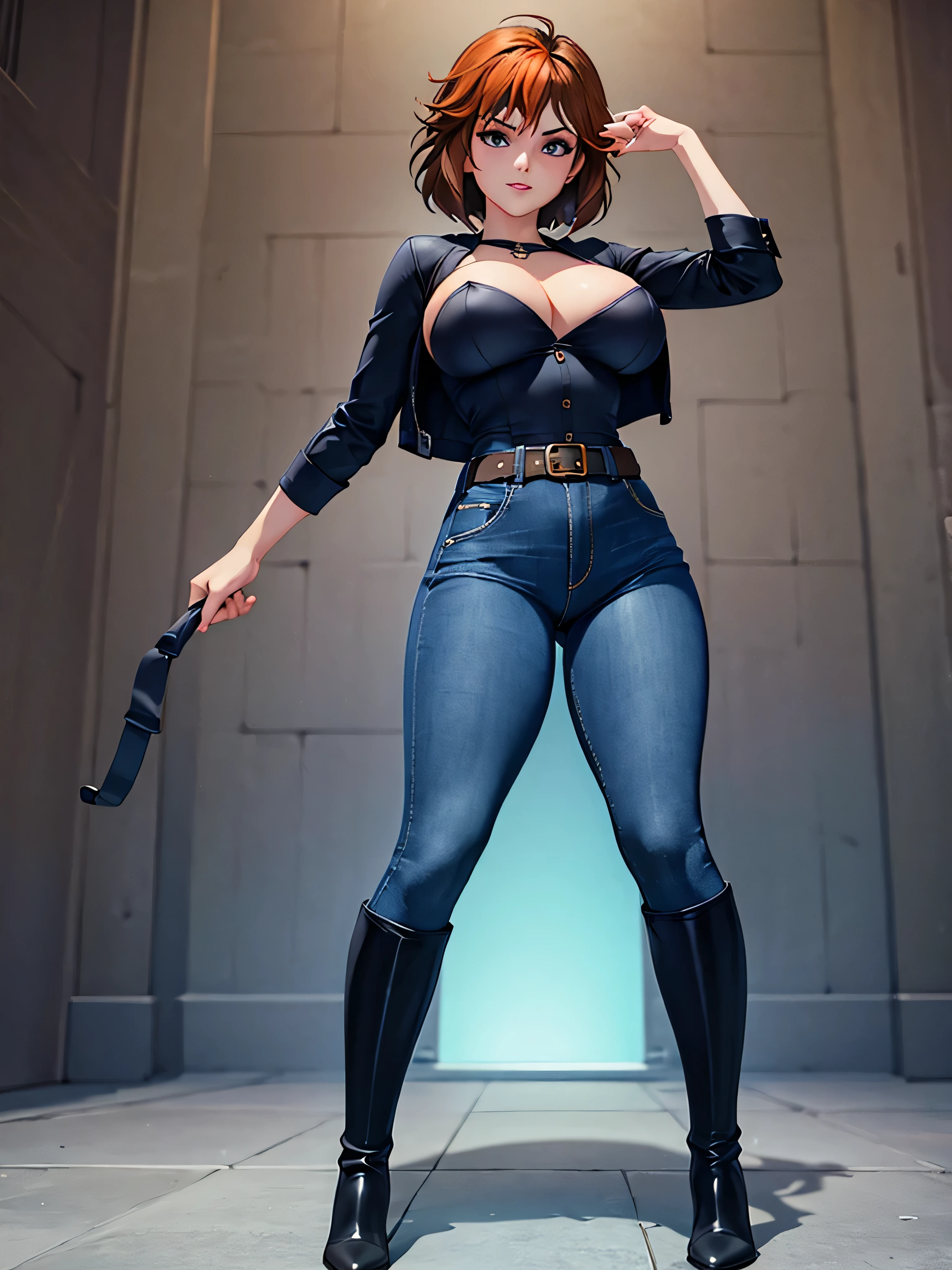 merula, full body, thighs, knee high boots high heels, solo, nude tits, pantyhose, tight dark blue jeans