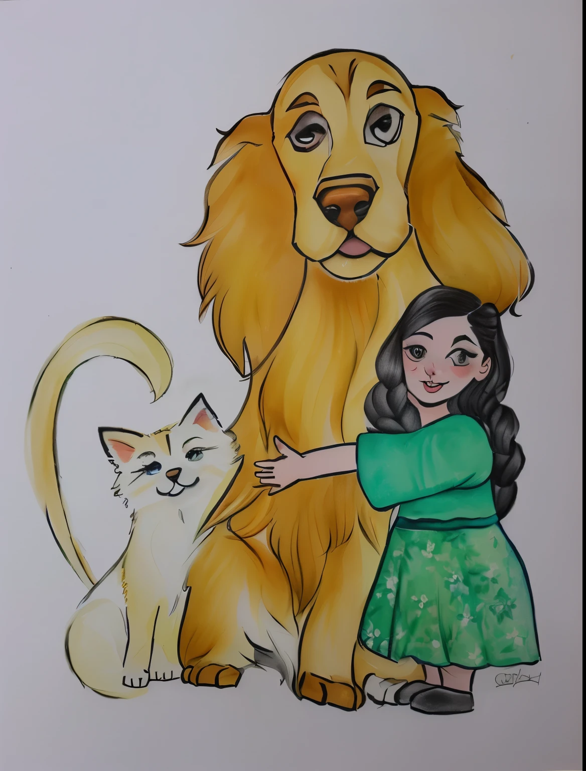 pintura de uma  e um cachorro com um gato, com cachorros, powder Nándor Katona, desenho de livro , linda pintura de amigos, por Cicely Hey, illustration , em estilo cartoon, por Reyna Rochin, detalhe adicionado, long-haired humanoid fursona, desenho colorido, por Károly Lotz