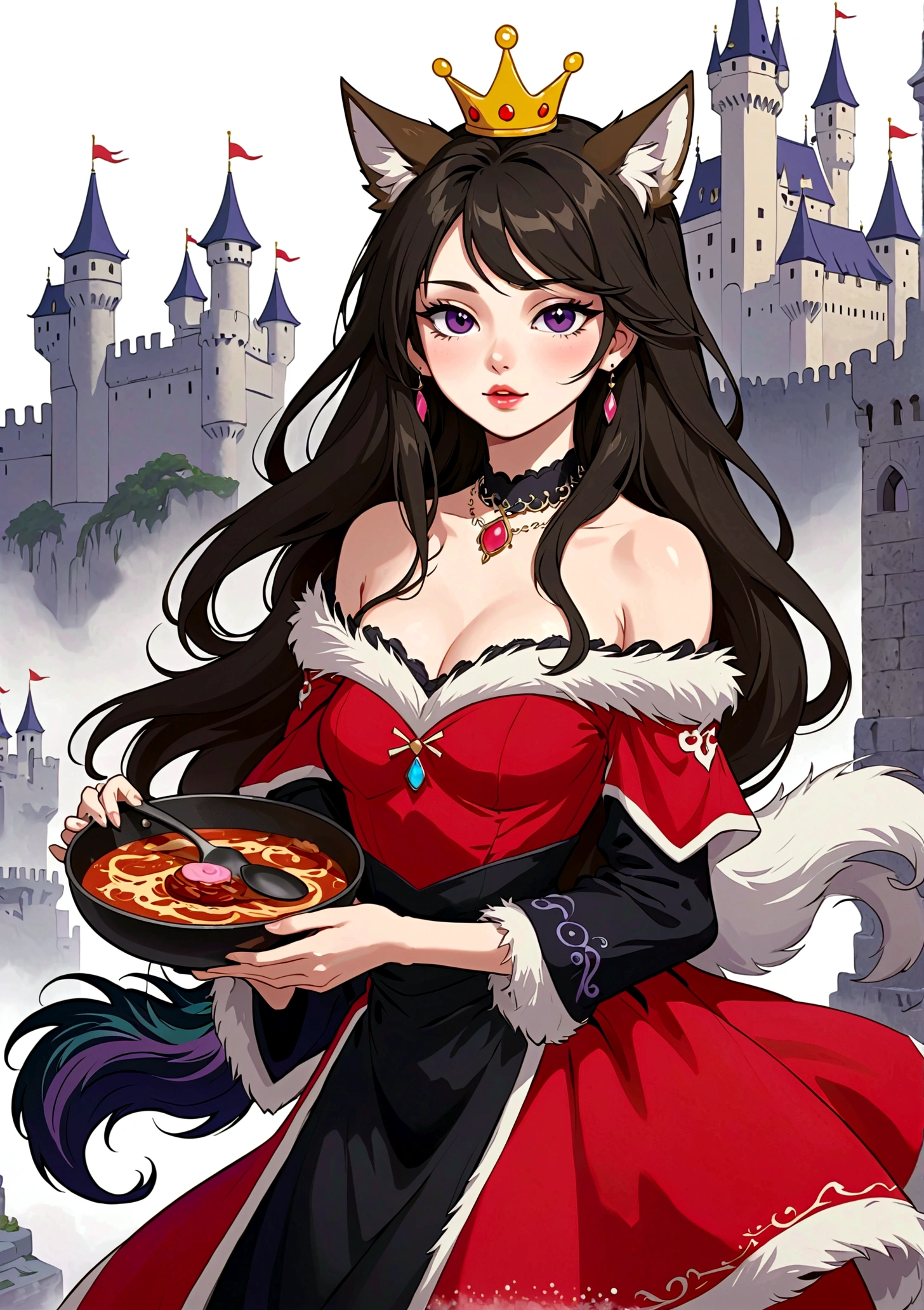 Red Wolf Personification，Anime girl holding a frying pan，Purple Eyeshadow，Black long hair，Cat ears，Small Crown，Red off-shoulder dress，Fur collar shawl，wave，Slender neck，Castle Background