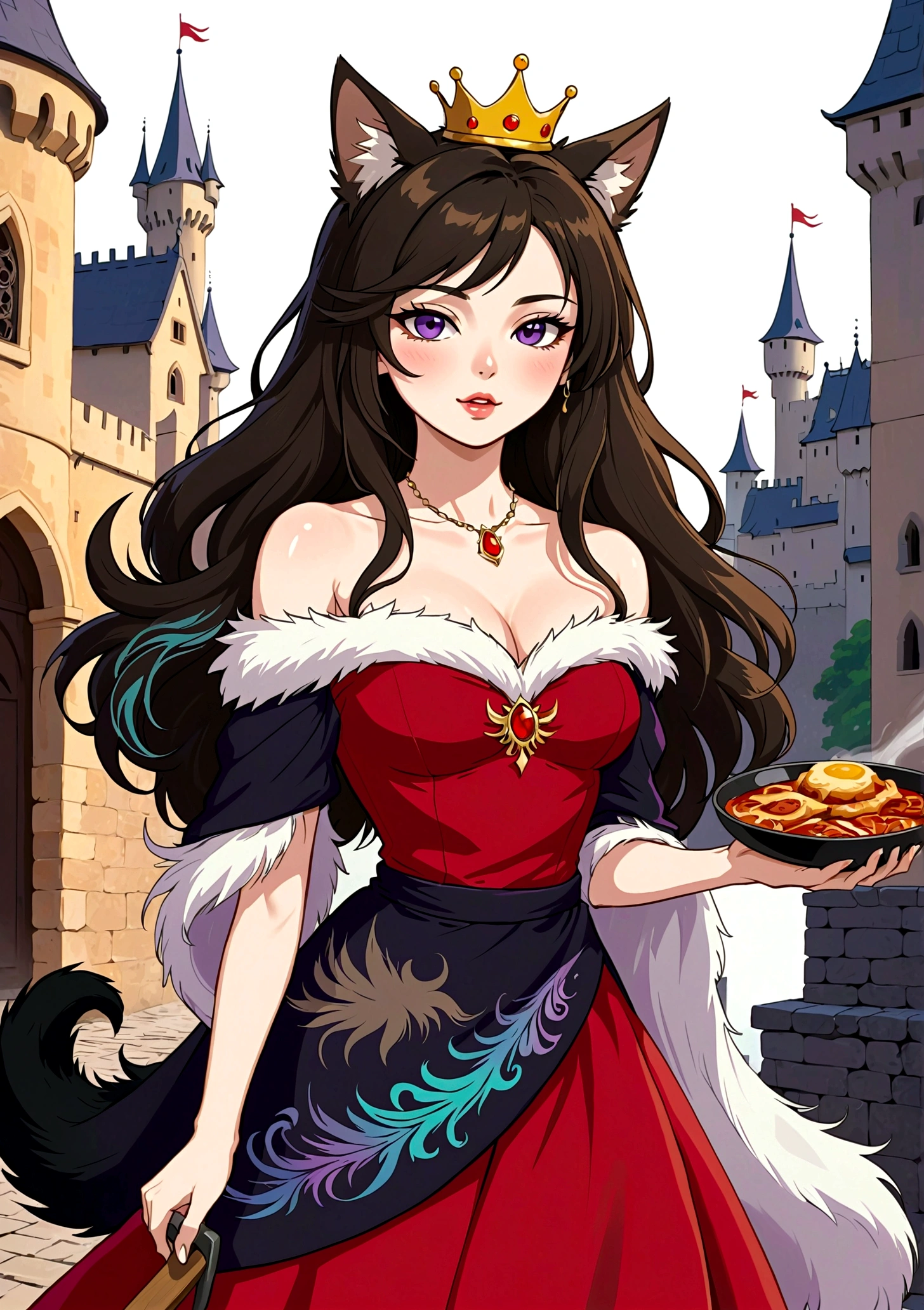 Red Wolf Personification,Anime girl holding a frying pan,Purple Eyeshadow,Black long hair,Cat ears,Small Crown,Red off-shoulder dress,Fur collar shawl,wave,Slender neck,Castle Background
