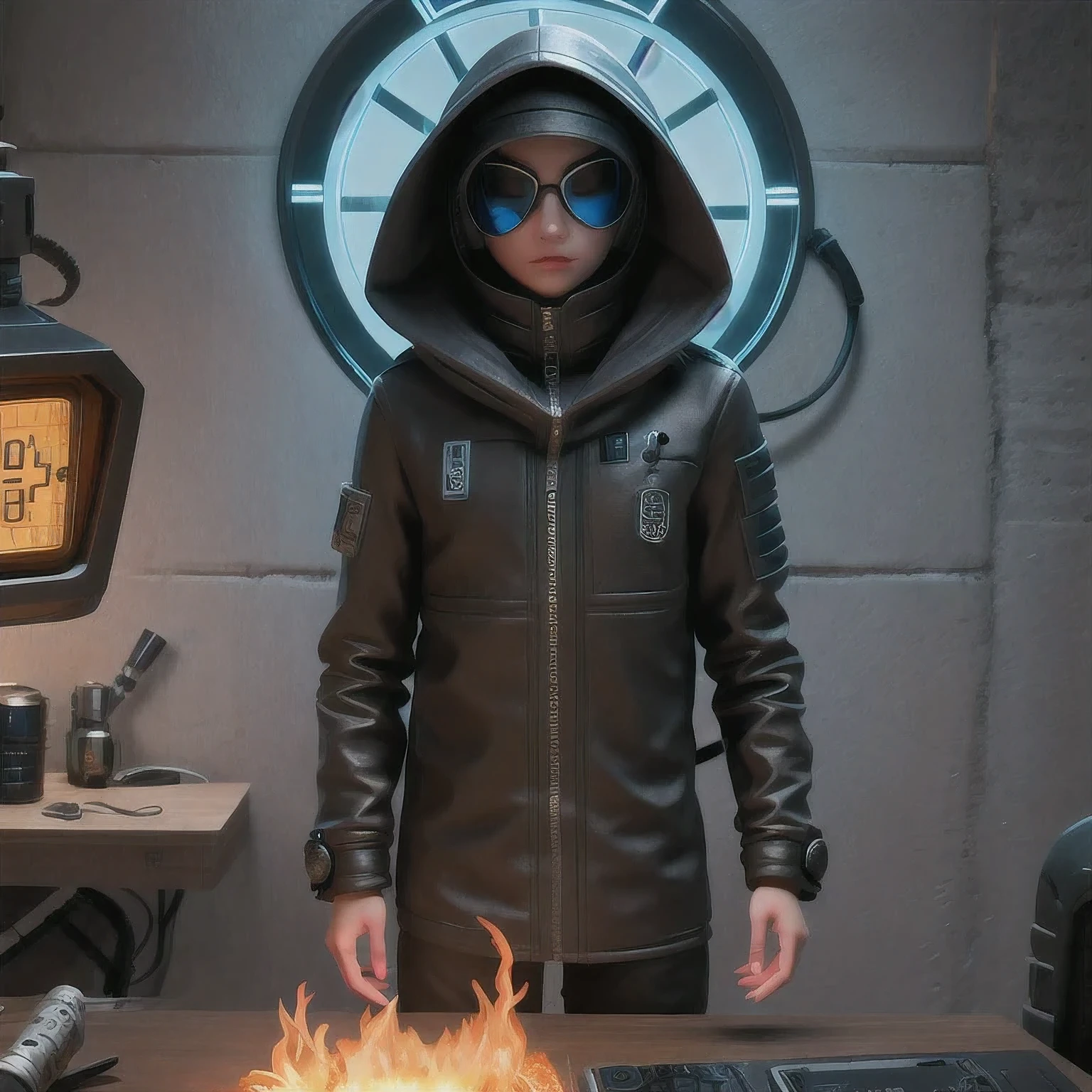 a close up of a person in a hoodedie standing in front of a clock, techwear occultist, dystopian sci-fi character, epic scifi character art, dark cyberpunk illustration, dark high-contrast concept art, dark futuristic, symmetric concept art, dark hooded wraith, epic sci - fi character art, epic sci-fi character art