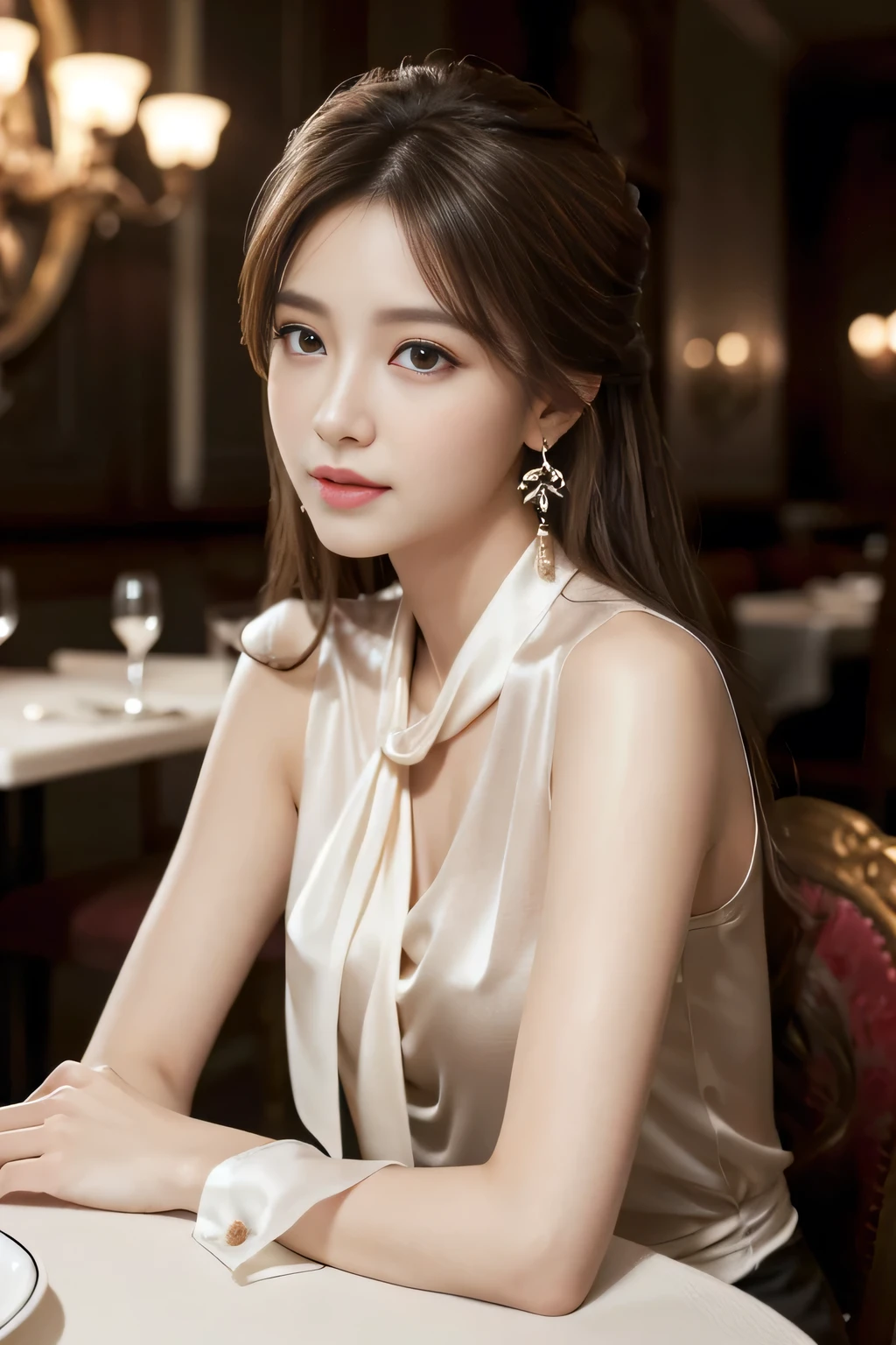 masterpiece, highest quality, Realistic, Very detailed, Finer details, High resolution, 8k wallpaper, One beautiful woman, Wear an elegant white silk shirt, In a great restaurant, At night, Light brown messy hair, Perfect dynamic composition, Beautiful and beautiful eyes、Big earrings、Sitting in a chair、Sleeveless shirt、