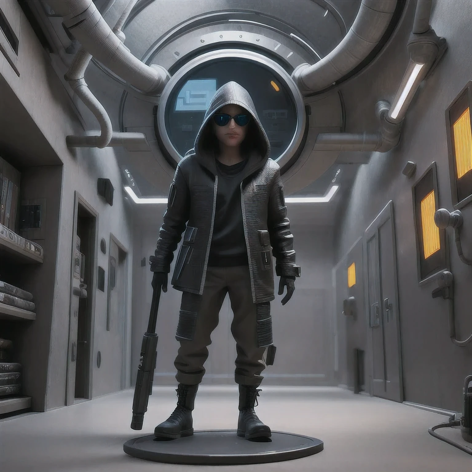 a close up of a person in a hoodedie standing in front of a clock, techwear occultist, dystopian sci-fi character, epic scifi character art, dark cyberpunk illustration, dark high-contrast concept art, dark futuristic, symmetric concept art, dark hooded wraith, epic sci - fi character art, epic sci-fi character art