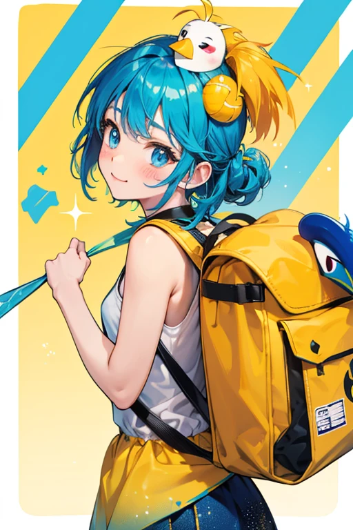 Sacktchi resembles a yellow backpack with straps sticking out of her back and a flap on her head. She has blue colored blush and an orange beak. SPARKLE; GLITTER