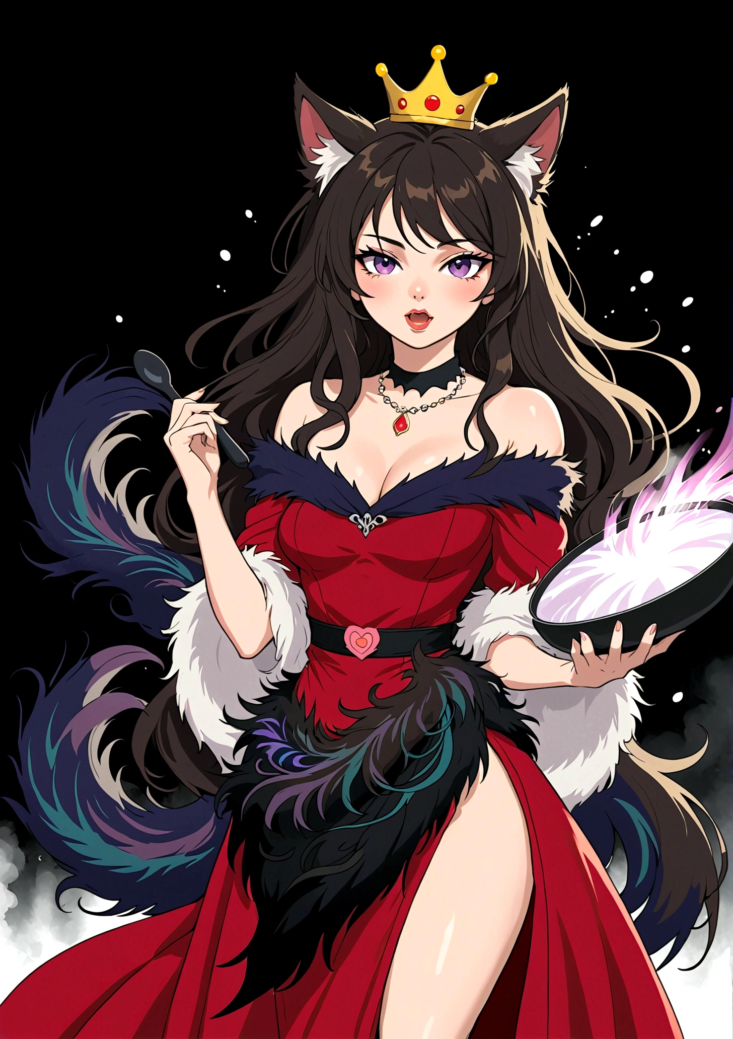 Red Wolf Personification,angry,Fangs,Anime girl holding a frying pan,Purple Eyeshadow,Black long hair,Cat ears,Small Crown,Red off-shoulder dress,Fur collar shawl,wave,Slender neck