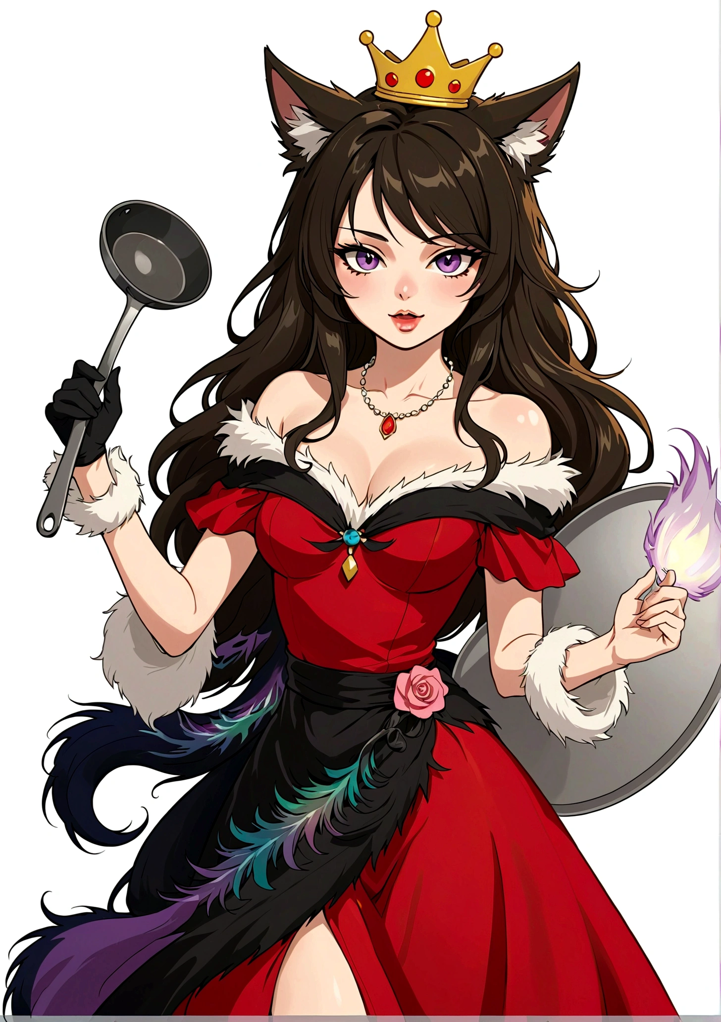 Red Wolf Personification，angry，Fangs，Anime girl holding a frying pan，Purple Eyeshadow，Black long hair，Cat ears，Small Crown，Red off-shoulder dress，Fur collar shawl，wave，Slender neck