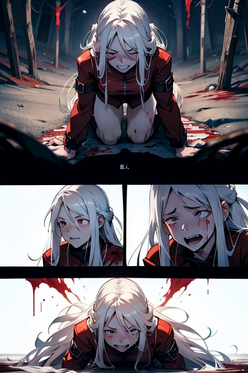 Girl with long white hair covered in blood crawling laughing and crying, traumatized , detailed scene, full body shots manga page with panels and dialogue