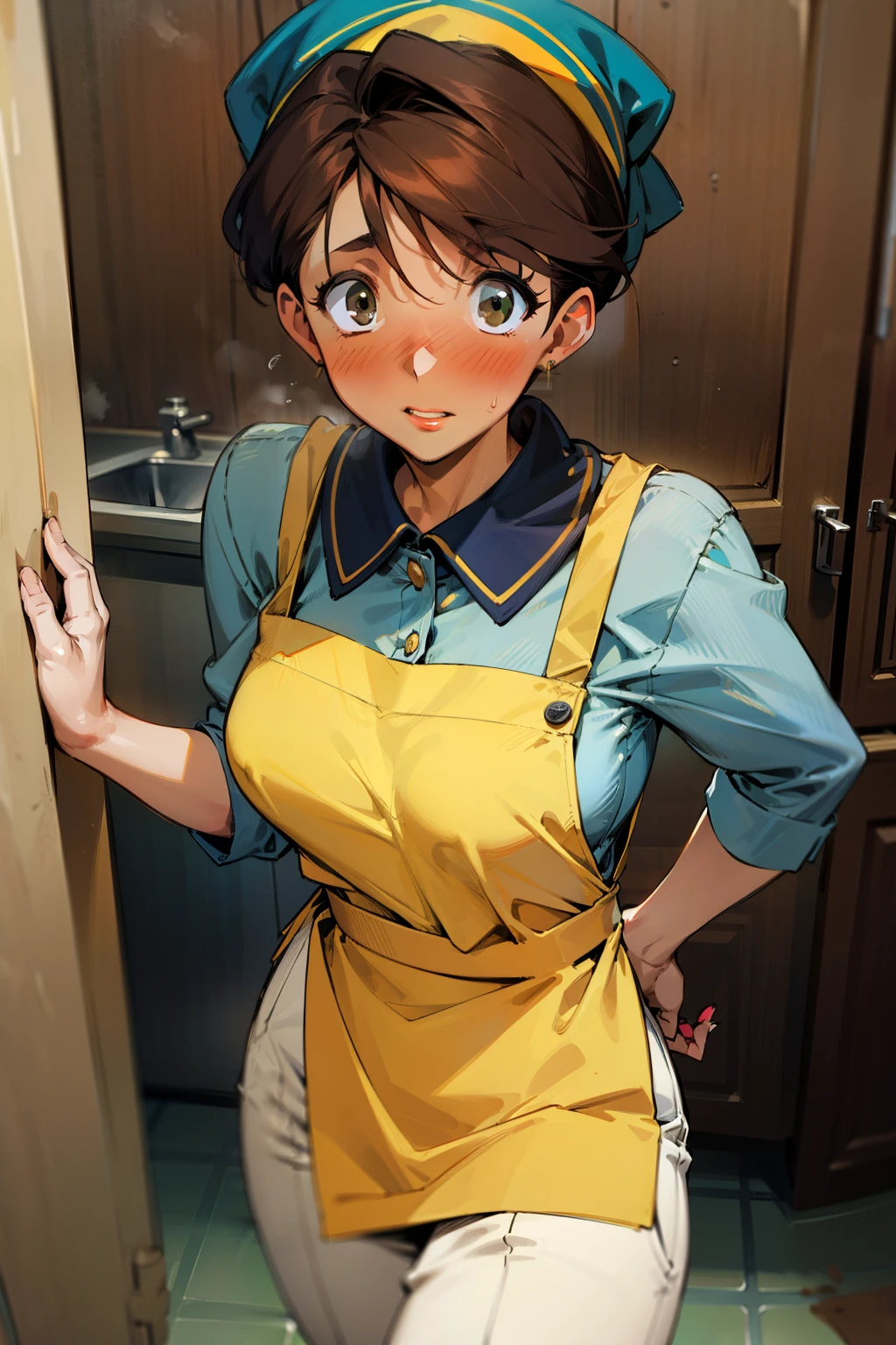 ,(Masterpiece), Best Quality, ultra-detailed, MIZUKITO, TAN, EARRINGS, head scarf, white y shirts(buttons), white apron, white pants , , slender and sexy body, 1girl, solo,facing viewer, looking  at viewer,a surprised face, parted lips, nose blush, blush,night time, school, in the a restaurant kitchen, sink, kabedon pov,  kabedon against sink, standing,  Sexy waist teasing ,mature women, a 40-year-old married woman, the mother  of  a  friend,  top view,  