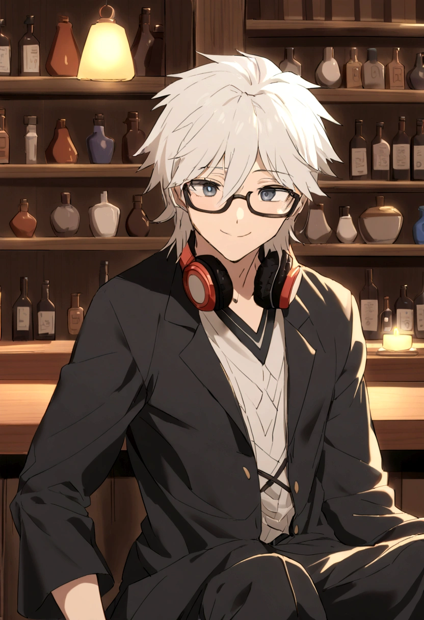 Un joven de cabello negro con mechones blancos, de estilo despeinado y ligeramente ondulado. Tiene ojos amarillos grandes y expresivos. He wears black-rimmed glasses and large headphones around his neck.. He is wearing a black jacket with white details, abierta sobre una camisa blanca con cuello alto y un lazo negro. Sus pantalones son negros. He is sitting on a stool in a medieval bar, apoyando un codo sobre la barra mientras sostiene una copa en la otra mano, with a smiling and relaxed expression. The bar has a cozy and rustic atmosphere, with a dark wooden bar and shelves full of potion bottles and vials behind it. The lighting is warm and dim, provided by oil lamps and candles. A su alrededor, se pueden ver otros aventureros y hechiceros conversando y bebiendo.