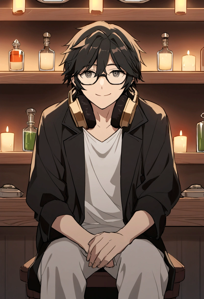 Un joven de cabello negro con mechones blancos, de estilo despeinado y ligeramente ondulado. Tiene ojos amarillos grandes y expresivos. He wears black-rimmed glasses and large headphones around his neck.. He is wearing a black jacket with white details, abierta sobre una camisa blanca con cuello alto y un lazo negro. Sus pantalones son negros. He is sitting on a stool in a medieval bar, apoyando un codo sobre la barra mientras sostiene una copa en la otra mano, with a smiling and relaxed expression. The bar has a cozy and rustic atmosphere, with a dark wooden bar and shelves full of potion bottles and vials behind it. The lighting is warm and dim, provided by oil lamps and candles. A su alrededor, se pueden ver otros aventureros y hechiceros conversando y bebiendo.
