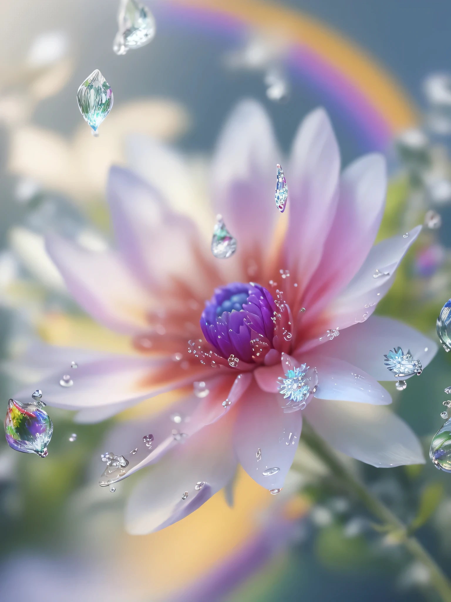 Beautiful fantasy flower close-up, Water Drop、Rainbow-colored、full bloom,Buds,soft, kind, (Very detailed, Integrated 8k, masterpiece:1.2, 最high quality, Super detailed), (Best lighting, Best Shadow, Very delicate and beautiful), addition, Realistic photography, slide film, Sharp focus, Contrasting lighting,Beautiful composition, High resolution 8K, Realistic, Professional photography, 8K Ultra HD, Single-lens reflex camera, Soft lighting, high quality