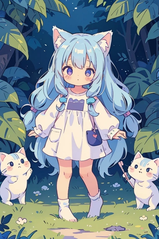 masterpiece, highest quality, detailedな背景, naked:1.6,cute, small, Blue Hair, Long Hair, Twin Drill、white fluffy cat tail, White cat ears, small size, whole body, Purple eyes, fluffy, fluff ears, alone, detailed, girl, cutetech, pastel colour, cute, cute colors