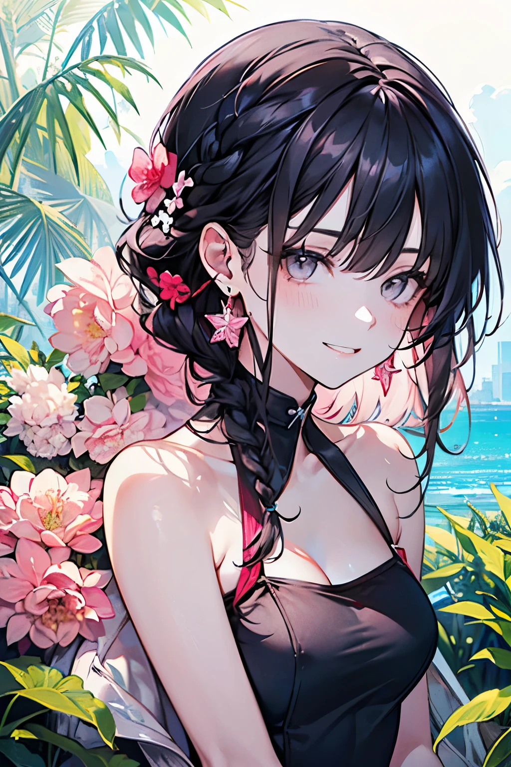 ((17years old girl:1.2)), masterpiece, best quality, braid hair, black hair, (portrait), shiny gray eyes, white onepiece swimsuit dress, palace,outdoors, garden, beach,perfect hands,(pastel pink and red),looking front,((Large and gorgeous earrings:1.1)),smile,((Braiding:1.2)),(NSFW:1.05),(half Full body:1.3),(Small breasts:1.25)