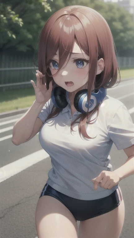 (masterpiece), (best quality), ultra high res, professional artwork, ultra detailed, intricate, detailed face, perfect lighting, 1girl, nm1, headphones around neck, gym uniform, buruma, day, outdoors, track, running, jogging, sweat, sweatdrop, large breasts, open mouth, cowboy shot, far shot