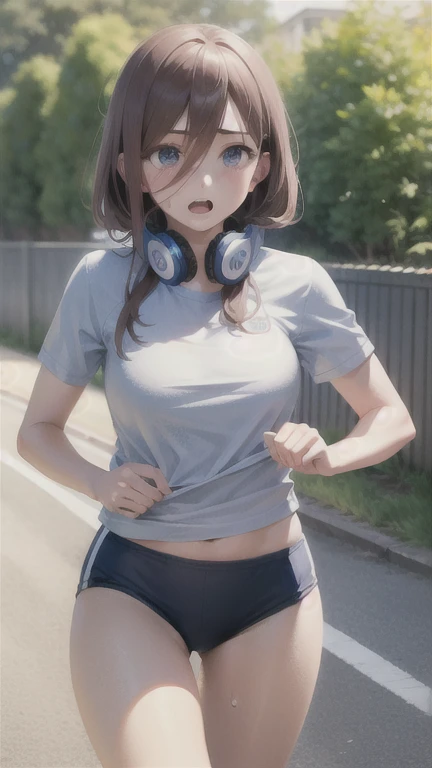 (masterpiece), (best quality), ultra high res, professional artwork, ultra detailed, intricate, detailed face, perfect lighting, 1girl, nm1, headphones around neck, gym uniform, buruma, day, outdoors, track, running, jogging, sweat, sweatdrop, large breasts, open mouth, cowboy shot, far shot