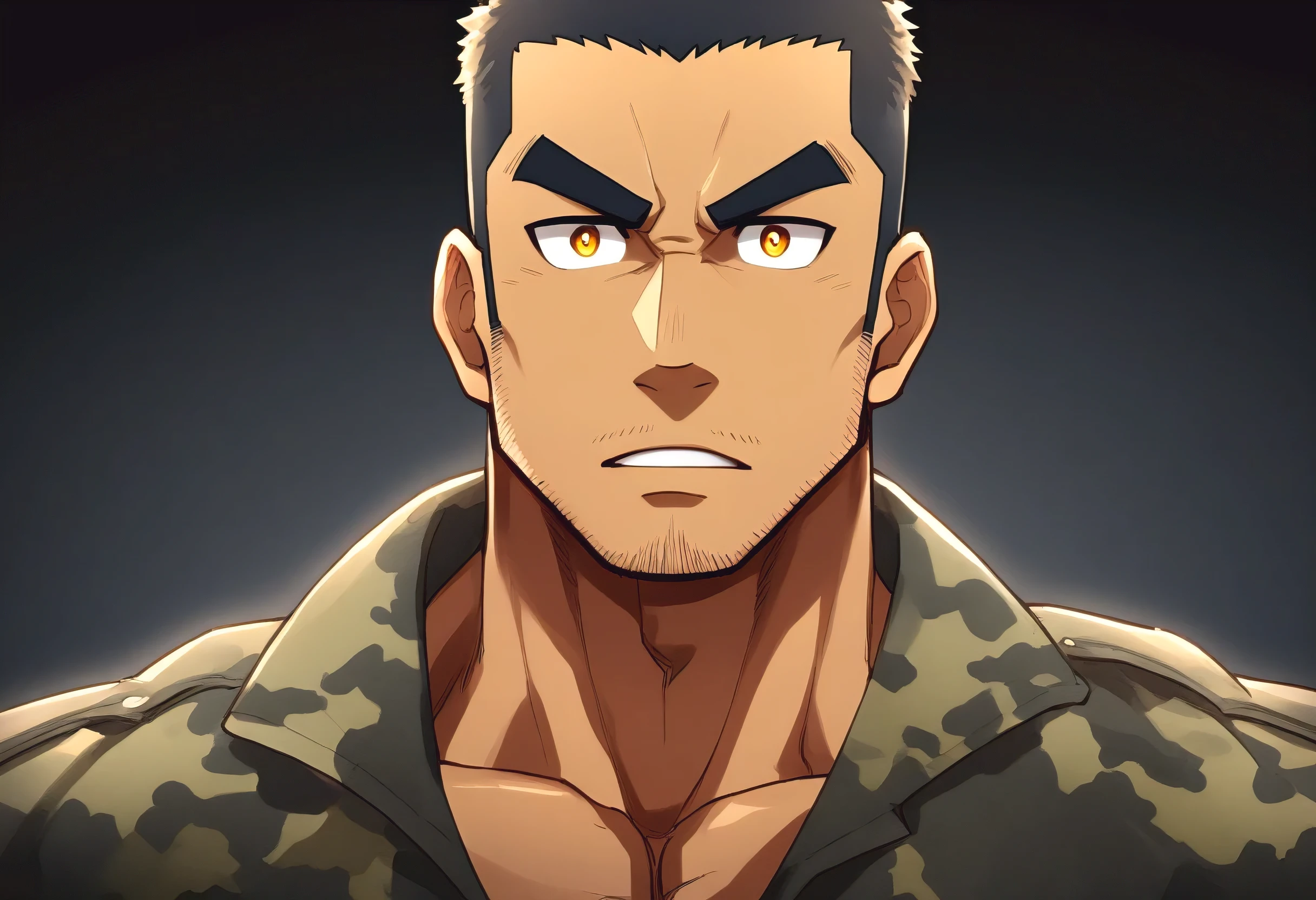 anime characters：Gyee, Fitness coach, Dark Black skin, 1 muscular tough guy, Manliness, male focus, Camouflage uniform, muscular male, muscular, only, Upper body, alone, Black short hair, Thick eyebrows, stubble, Yellow eyes, Black background, simple background, amazing quality, best aesthetics, Ridiculous, bright pupils, crew cut, parted lips, v-shaped eyebrows, jitome, drop shadow, best quality