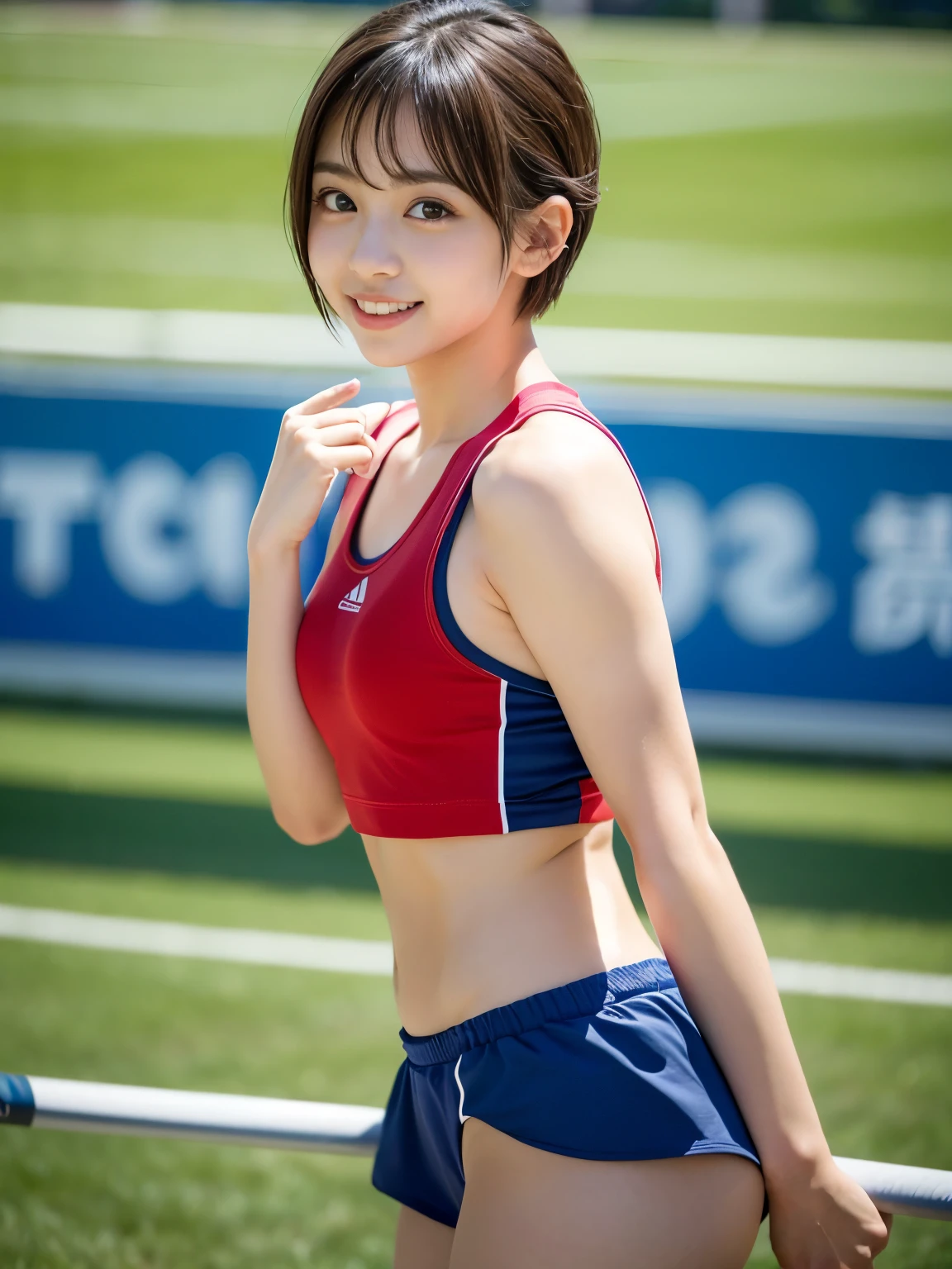 (Best-quality, Masterpiece, Ultra-High-Resolution, (Photorealistic:1.4), Raw Photo, depth of field, professional lighting, perfect anatomy, extremely details), 1girl, 15-years-old, the most famous Japanese idol, standing on athletic-stadium, looking at viewer, innocent smile, upturned ass, ((wearing track and field uniform)), ((extremely cute face like the most popular Japanese idol, ((extremely cute big-eyes)), extremely cute short-cut-hair, extremely cute long-eyelashes, extremely cute lips)), (((extremely beautiful and extremely realistic skins))), extremely beautiful thighs, dynamic-pose