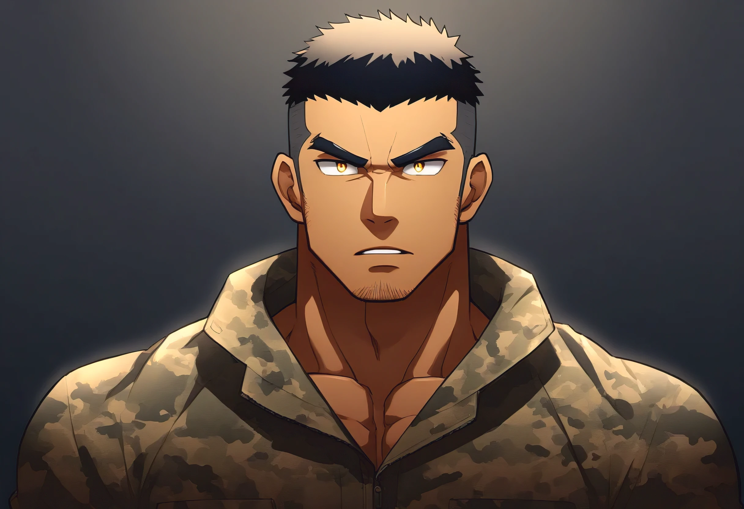 anime characters:Gyee, Fitness coach, Dark Black skin, 1 muscular tough guy, Manliness, male focus, Camouflage uniform, muscular male, muscular, only, Upper body, alone, Black short hair, Thick eyebrows, stubble, Yellow eyes, Black background, simple background, amazing quality, best aesthetics, Ridiculous, bright pupils, crew cut, parted lips, v-shaped eyebrows, jitome, drop shadow, best quality