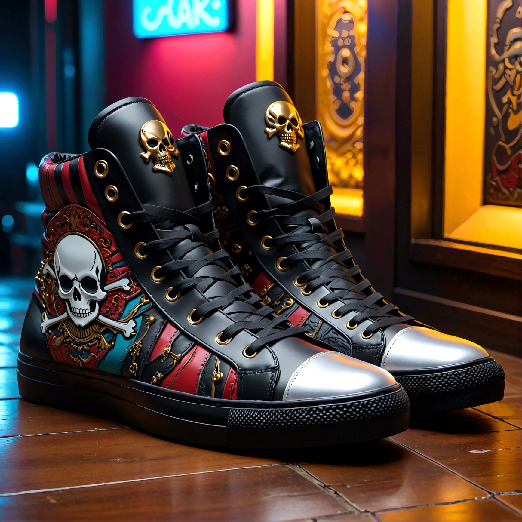 Product photography of PiratePunk sneakers,masterpiece,8K,Extremely detailed,best quality,