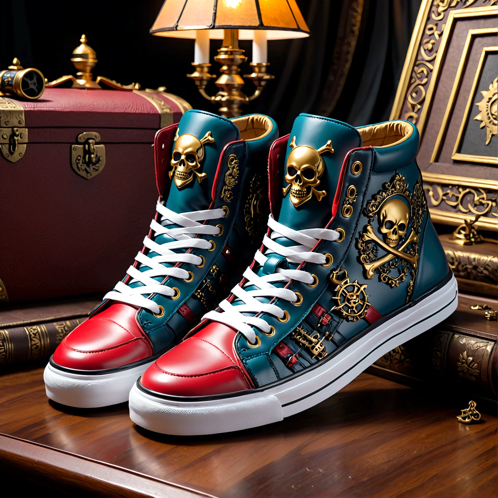 Product photography of PiratePunk sneakers,masterpiece,8K,Extremely detailed,best quality,