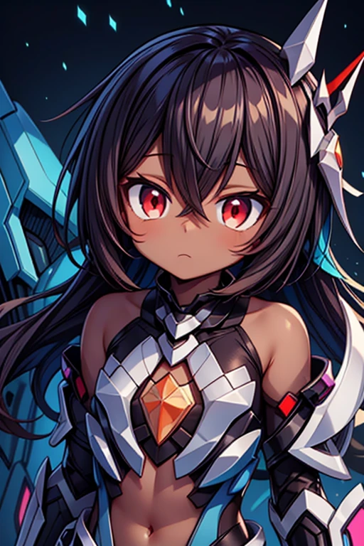 (((dark skin tone))),dark skin male, femboy, dark skin, cute shota,red eyes, blue mecha hairpin, dark brown hair medium hair,wearing a black exoskeleton, detached sleeves, blue mecha Gauntlets, black full bodysuit, honka_i impact_herrscher_of_reason,full armour mecha_musame,honkai impact battlesuit, orange gem on chest, close up