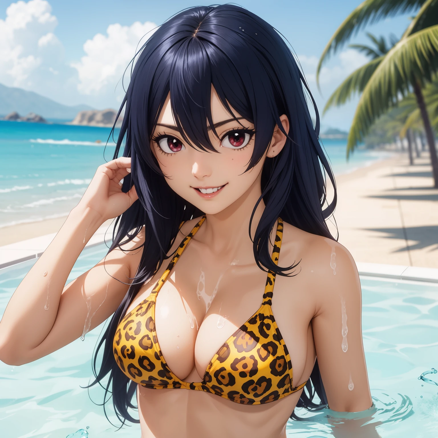 25 year old woman blue hair, pelo azul, red eyes like rubies, pechos grandes, yellow leopard bikini, fondo una playa . cuerpo mojado, gotas de agua en su pecho. pechos grandes, sonrisa feliz. manos detras de la cabeza. cuerpo completo. rubor cuerpo mojado, cabello mojado , manos perfectas. manos perfectas.