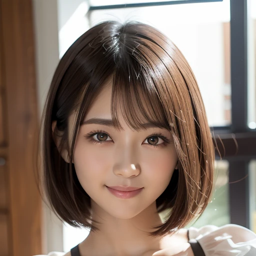 8k, highest quality, very detailed, high resolution, small breasts, thin lips, detailed face, cute smile, cute Japanese female idol, cute 24 year old beauty, beautiful and graceful features, cute face, natural bangs, well groomed, arched, thin eyebrows, ((large, well balanced eyes)), cute eyes, beautiful thin nose, beautiful skin, fair skin, medium bob hair, natural bangs, slim face, beautiful collarbone, slim figure, (looking at camera with a gentle smile), (face lighting), bright lighting, professional lighting, forward lighting, gentle smile, face lighting,