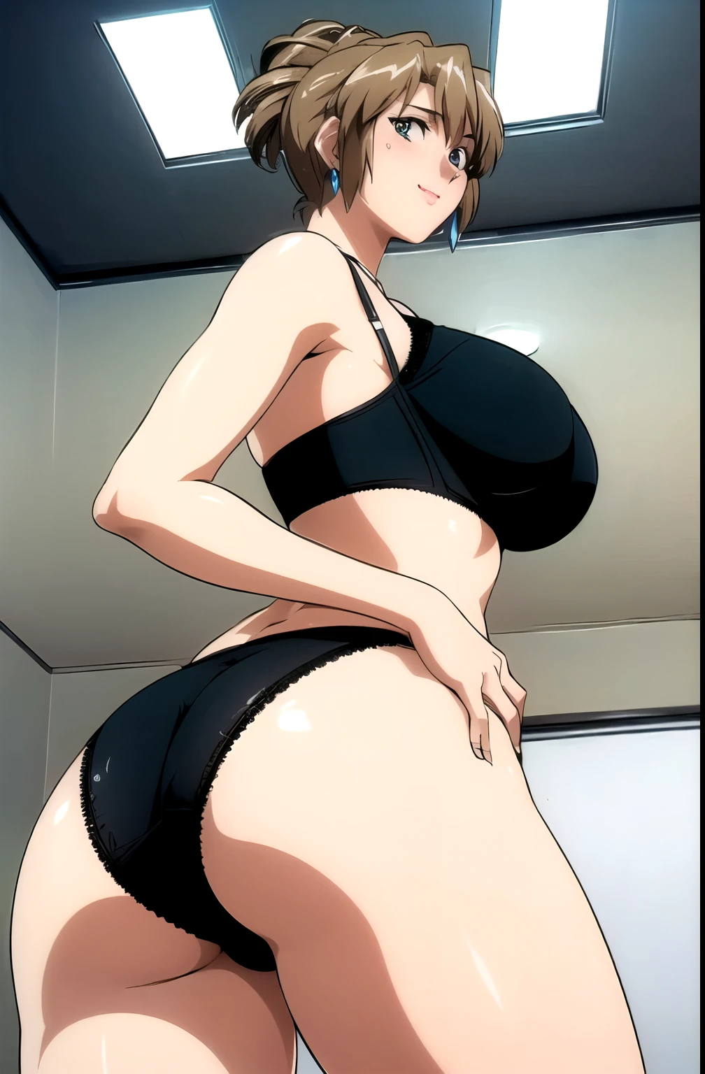 highest quality, High resolution, masterpiece, Symmetrical eyes, Beautiful eyes, Detailed face, Light green eyes, One woman, ４０Attractive woman in her s, aika, 1st Default, View Viewer, Super detailed, Cowboy Shot, bedroom, White bed, Folded ponytail, short hair, Earrings, (smile), (blush), Light pink_lips, Larger breasts, (Wide pelvis:1.5), (Thick thighs:1.5), (Very big buttocks:1.5), (Panties丸見え:1.5), (black_String Si Bra:1.5), (black_race_Panties:1.5), (Buttocks up from below:1.5), (photorealistic:1.1)