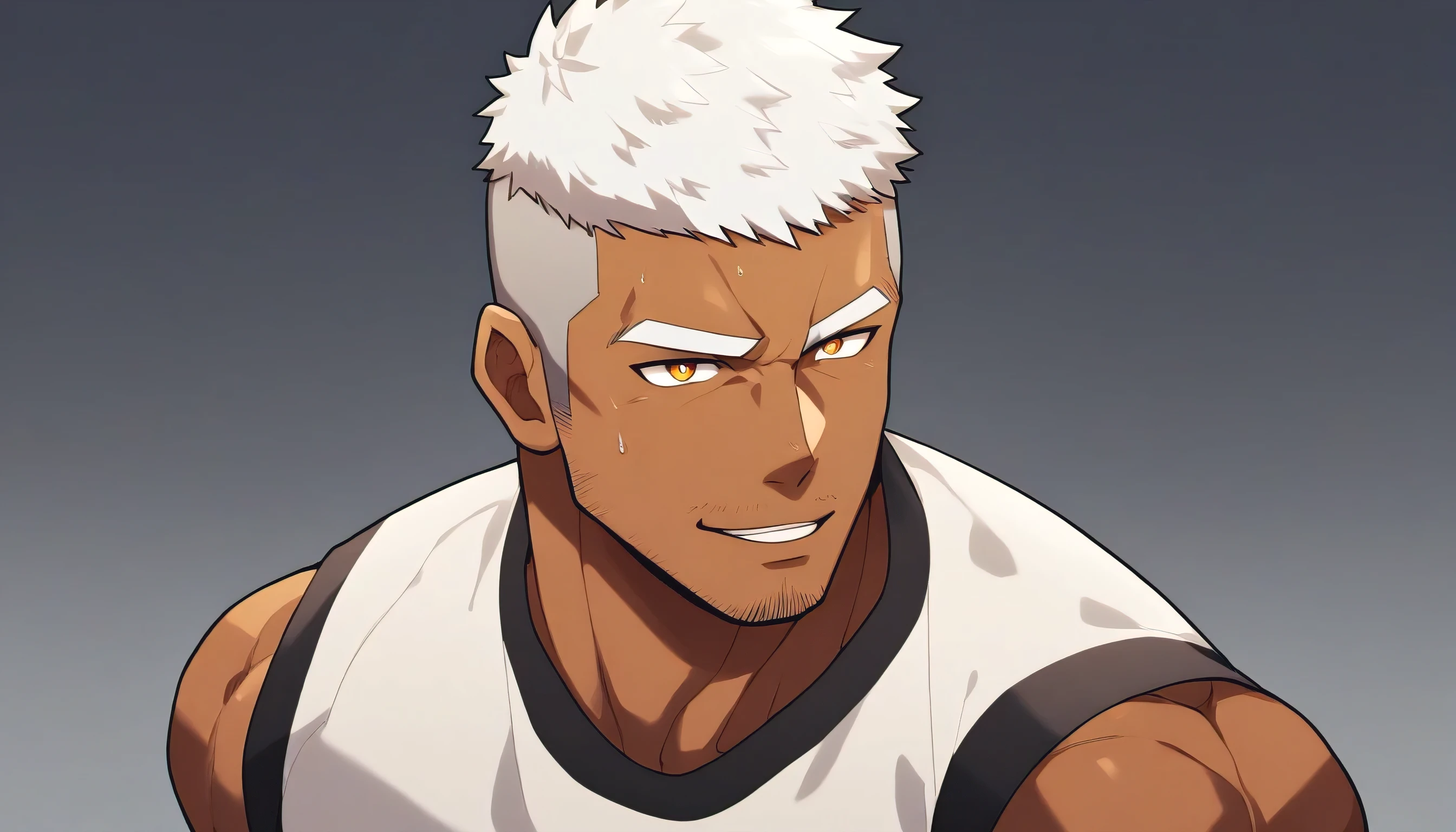 anime characters：Gyee, Fitness coach, negro black skin, 1 muscular tough guy, Manliness, male focus, Cream White Sleeveless Tight T-Shirt, Very tight, The pectoral muscles are oversized, Slightly transparent, muscular male, muscular, only, Upper body, alone, White short hair, Thick eyebrows, stubble, Yellow eyes, Grey background, simple background, amazing quality, best aesthetics, Ridiculous, bright pupils, crew cut, parted lips, seductive smile, torogao, naughty face, drop shadow, best quality