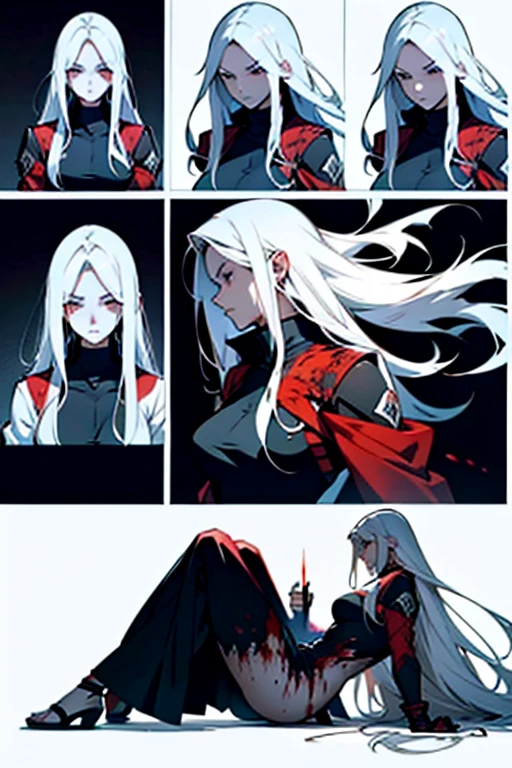 Girl with long white hair covered in blood being stabbed with a long blade, going insane, detailed scene, full body shots manga page with panels and dialogue