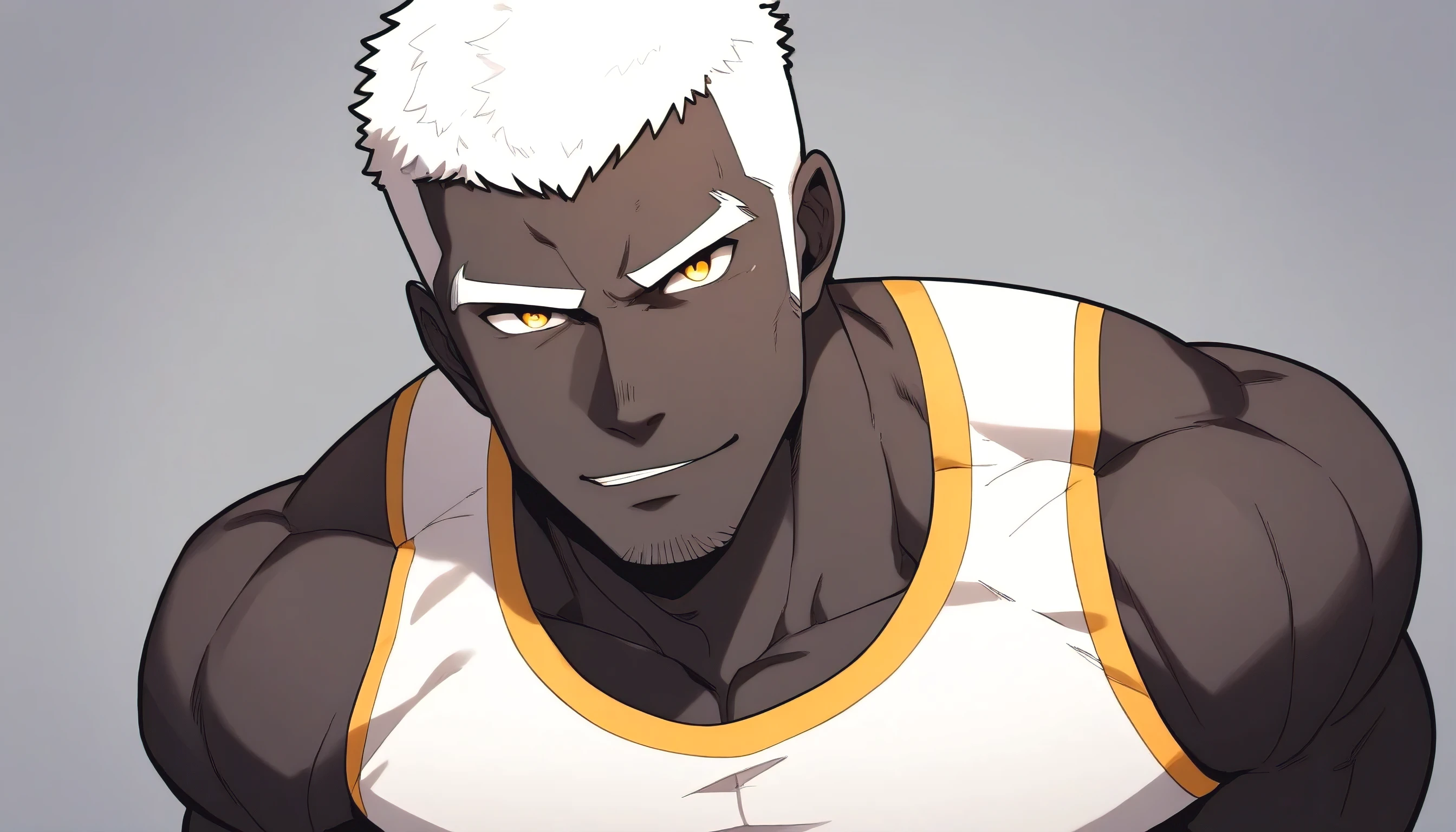 anime characters:Gyee, Fitness coach, negro black skin, 1 muscular tough guy, Manliness, male focus, Cream White Sleeveless Tight T-Shirt, Very tight, The pectoral muscles are oversized, Slightly transparent, muscular male, muscular, only, Upper body, alone, White short hair, Thick eyebrows, stubble, Yellow eyes, Grey background, simple background, amazing quality, best aesthetics, Ridiculous, bright pupils, crew cut, parted lips, seductive smile, torogao, naughty face, drop shadow, best quality