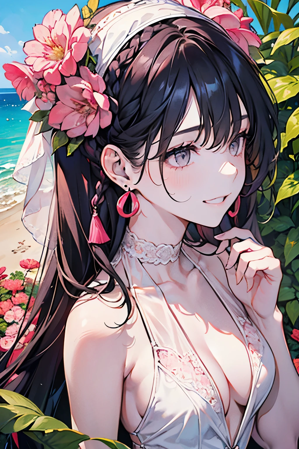 ((ars old girl:1.2)), masterpiece, best quality, braid hair, black hair, (portrait), shiny gray eyes, (white onepiece swimsuit dress:1.15), palace,outdoors, garden, beach,perfect hands,(pastel pink and red),looking front,((Large and gorgeous earrings:1.1)),smile,((Braiding:1.2)),(NSFW:1.05),(half Full body:1.3),(Small breasts:1.25)