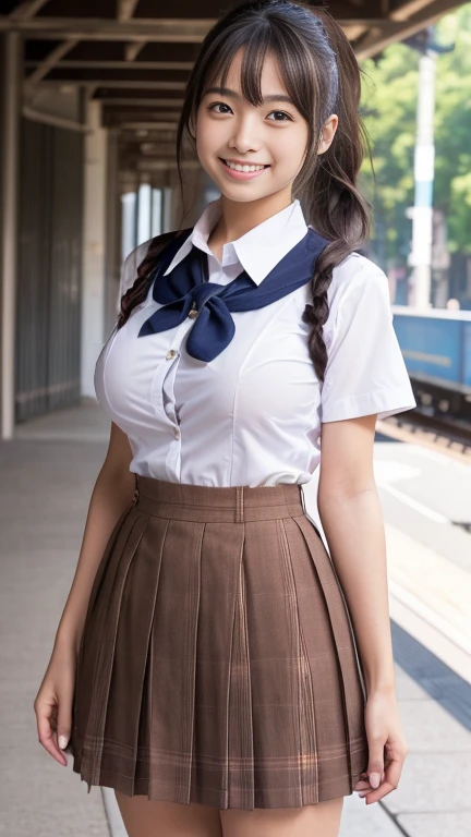 Train platform, Photo taken with the front of the train, cowboy shot, ((Schoolgirl uniform:1.4), Short sleeve), 27 years old, , With the chest slightly open, Leave the first, second and third buttons of your shirt open, My shirt is a little wet, highest quality, Face Focus, Soft Light, Ultra-high resolution, (Realistic:1.4), RAW Photos, 1 Japanese girl, alone, cute, (pupil, Light in your eyes), Beautiful face in every detail, (Small box),(High resolution detail of human skin texture), (Long Hair), Upper body from the waist up (Portraiture)、lower nose、Make your nose smaller、(ample bosom), ((Large Breasts:1.4)), ((Big Ass:1.3)), ((Big smile:1.4)), Shoes are brown loafers:1.2, ((Body facing the camera:1.4)),((ponytail)), ((Staring at the camera:1.3))