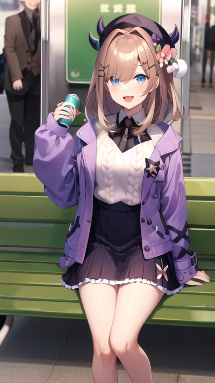 masterpiece, best quality, highres, hmsl1, horned headwear, hair flower, x hair ornament, white sweater, purple jacket, flower, long sleeves, open clothes, black bow, sleeves past wrists, skirt, cowboy shot, subway, bench, holding can, train, metro. smile, open mouth