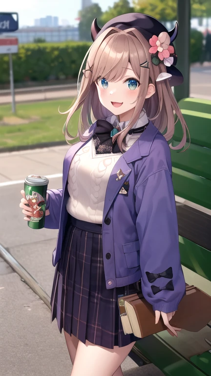 masterpiece, best quality, highres, hmsl1, horned headwear, hair flower, x hair ornament, white sweater, purple jacket, flower, long sleeves, open clothes, black bow, sleeves past wrists, skirt, cowboy shot, subway, bench, holding can, train, metro. smile, open mouth