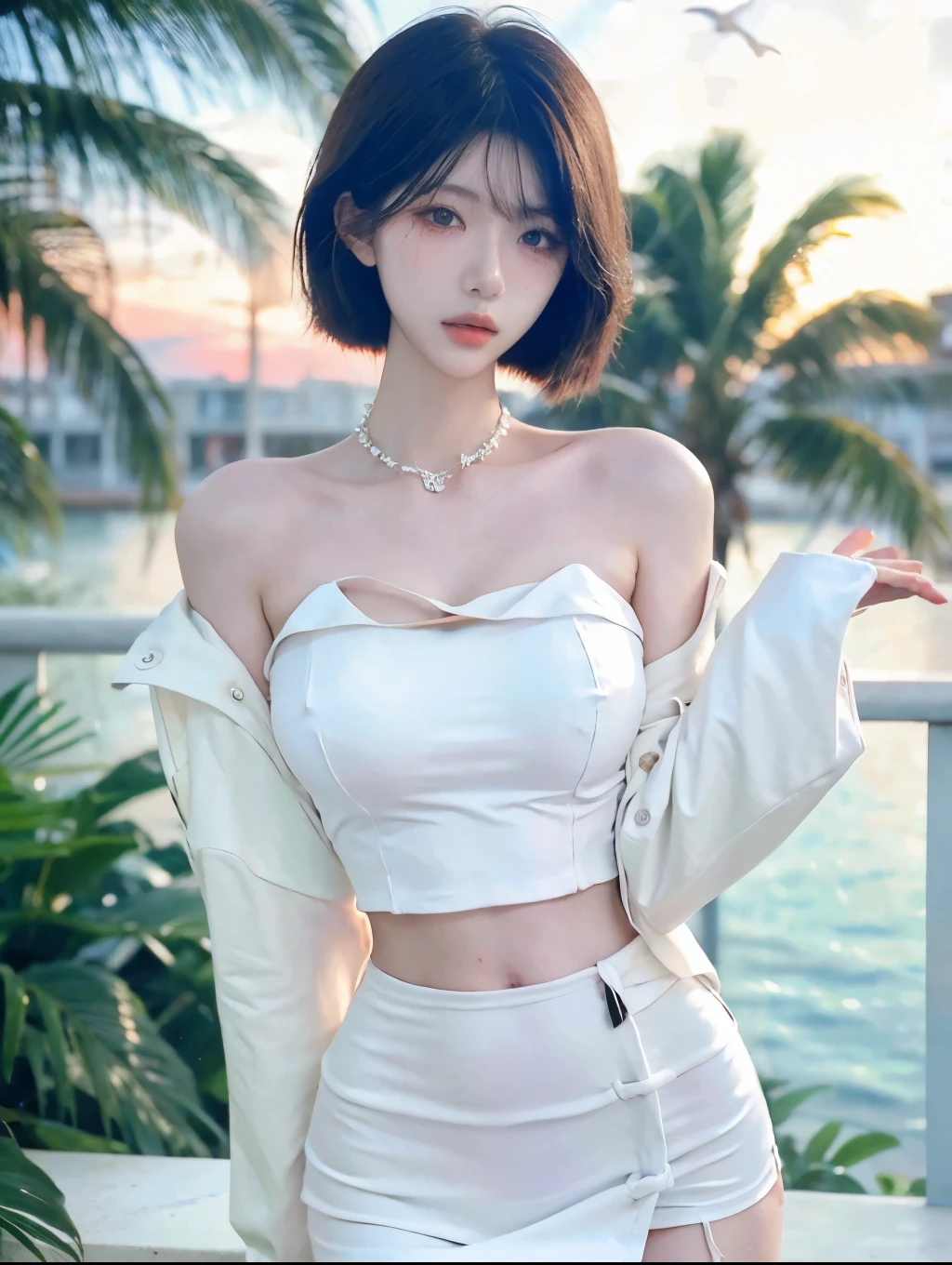 Beautiful woman with perfect figure：1.4，Layered hairstyle，White skin，Prominent cleavage，Bikini：1.5，Super short pleated skirt，whole body，Very delicate facial and skin texture，Double eyelids，Skin Whitening，Long white hair