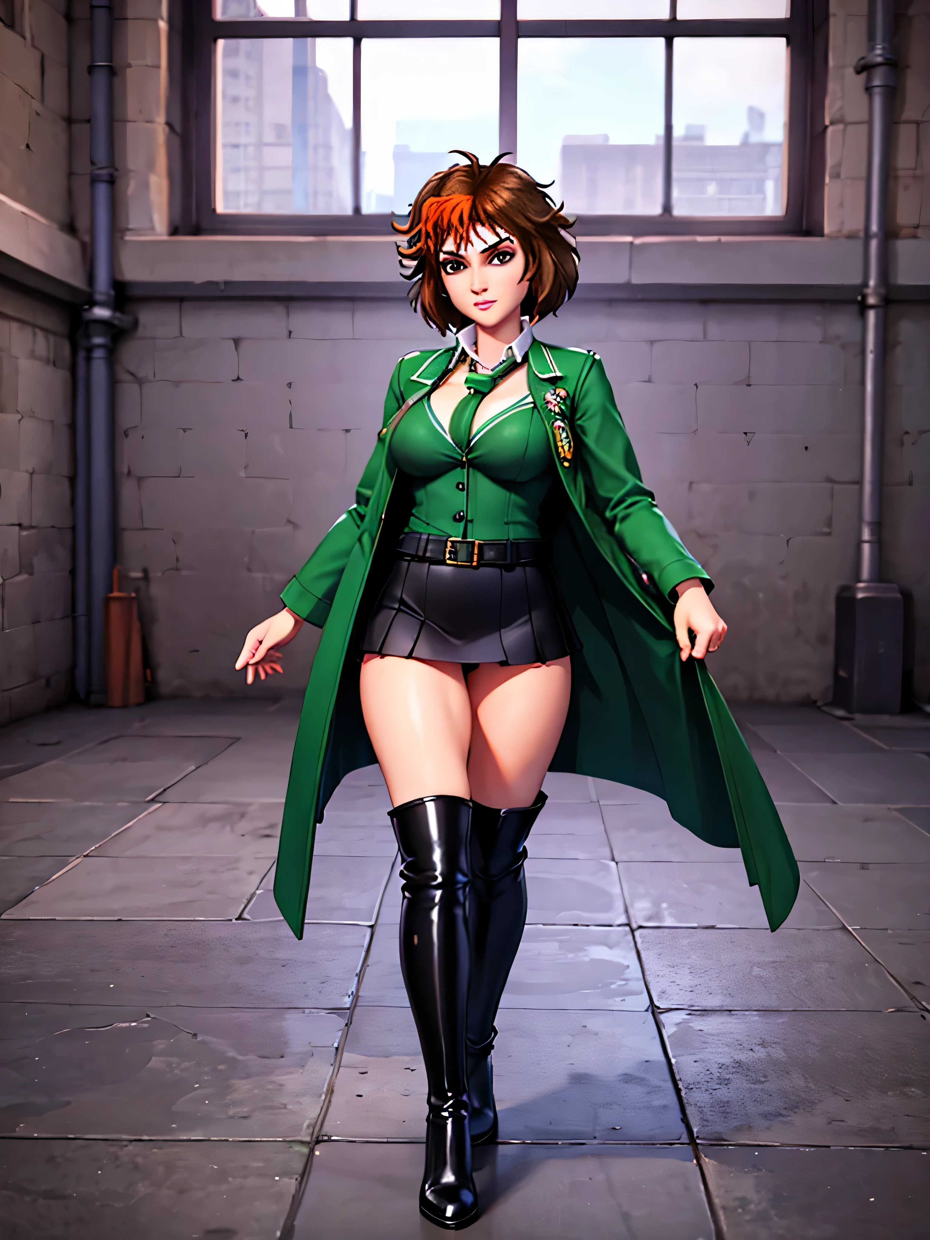 merula, full body, thighs, knee high boots high heels, solo, nude tits, school clothes, leather mini skirt