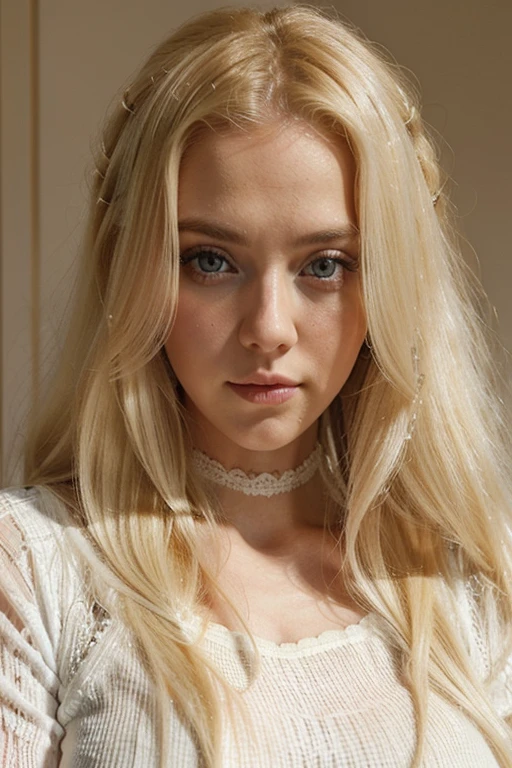 a close up of a woman with long blonde hair wearing a white top, angelawhite, Yelena Belova, Blonde Goddess, a beautiful blonde, Anna Nikonova aka Newmilky, beautiful blonde, Angie Glock, long blonde hair and big eyes, Taran Dasha, lacy, Angelina Stroganova, blonde girl, Irina Nordsol Kuzmina