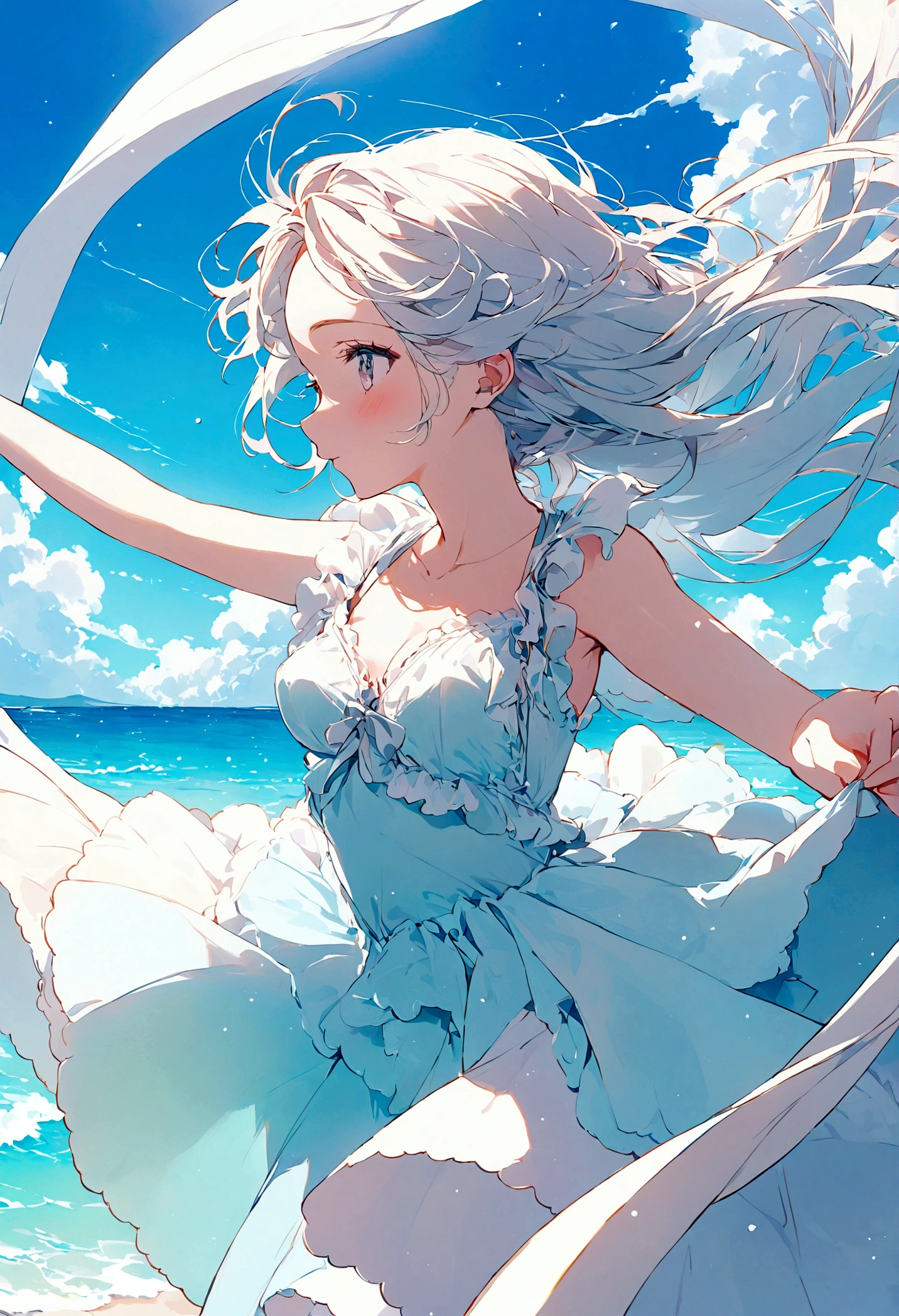 One cute girl in pastel colors, illustration, clear summer sunlight, blue sea, white sandy beach, azure sky, dancing with the wind, top quality